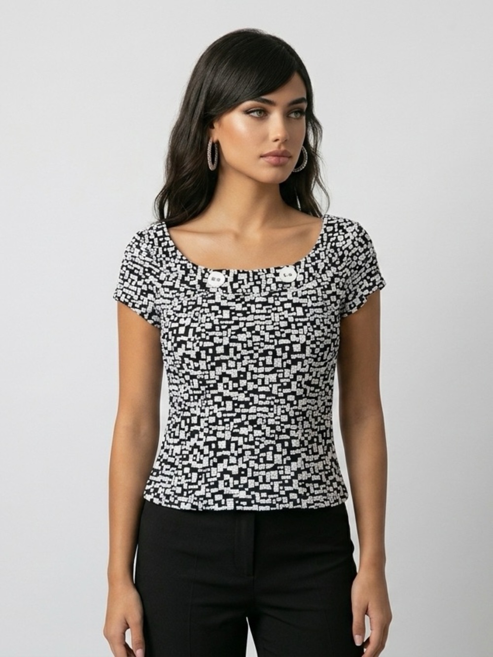 Frank Lyman Black White Cap Sleeve Classic Geometric Square Textured Top-S
